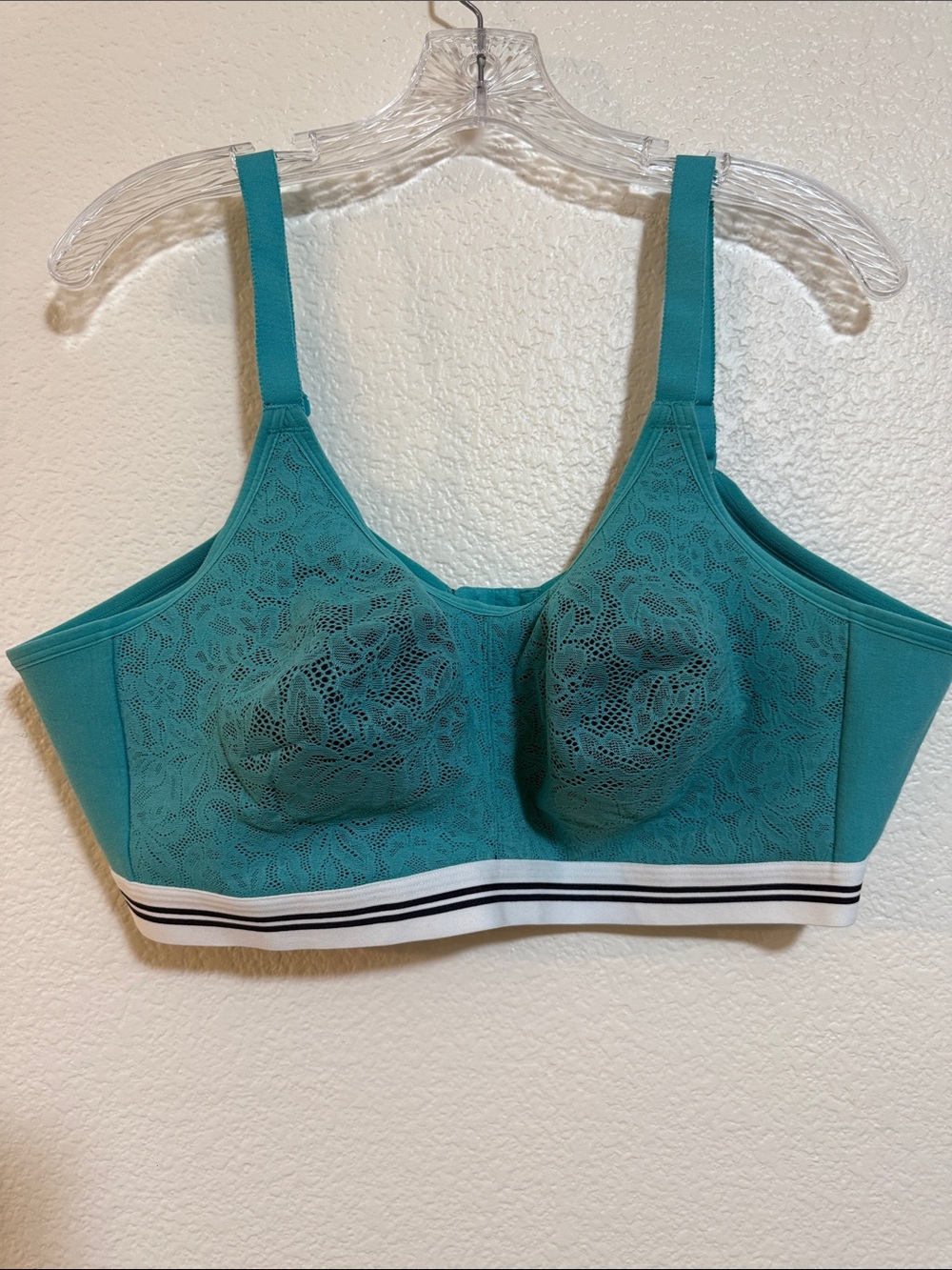 Cacique Teal Lace-Front Wireless Bralette with Striped Underband
